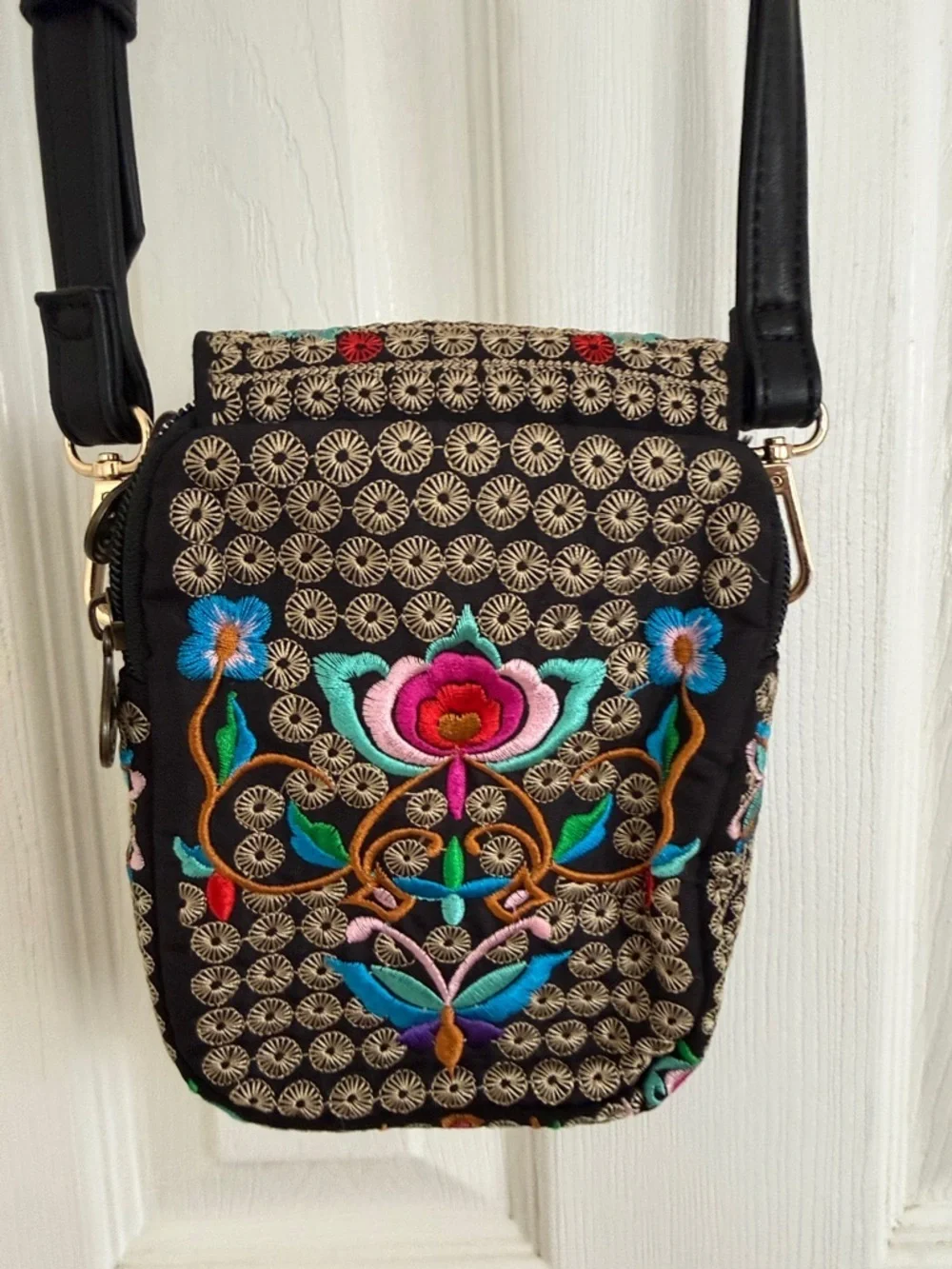 Embroidered Floral Crossbody Bag - Black Multi